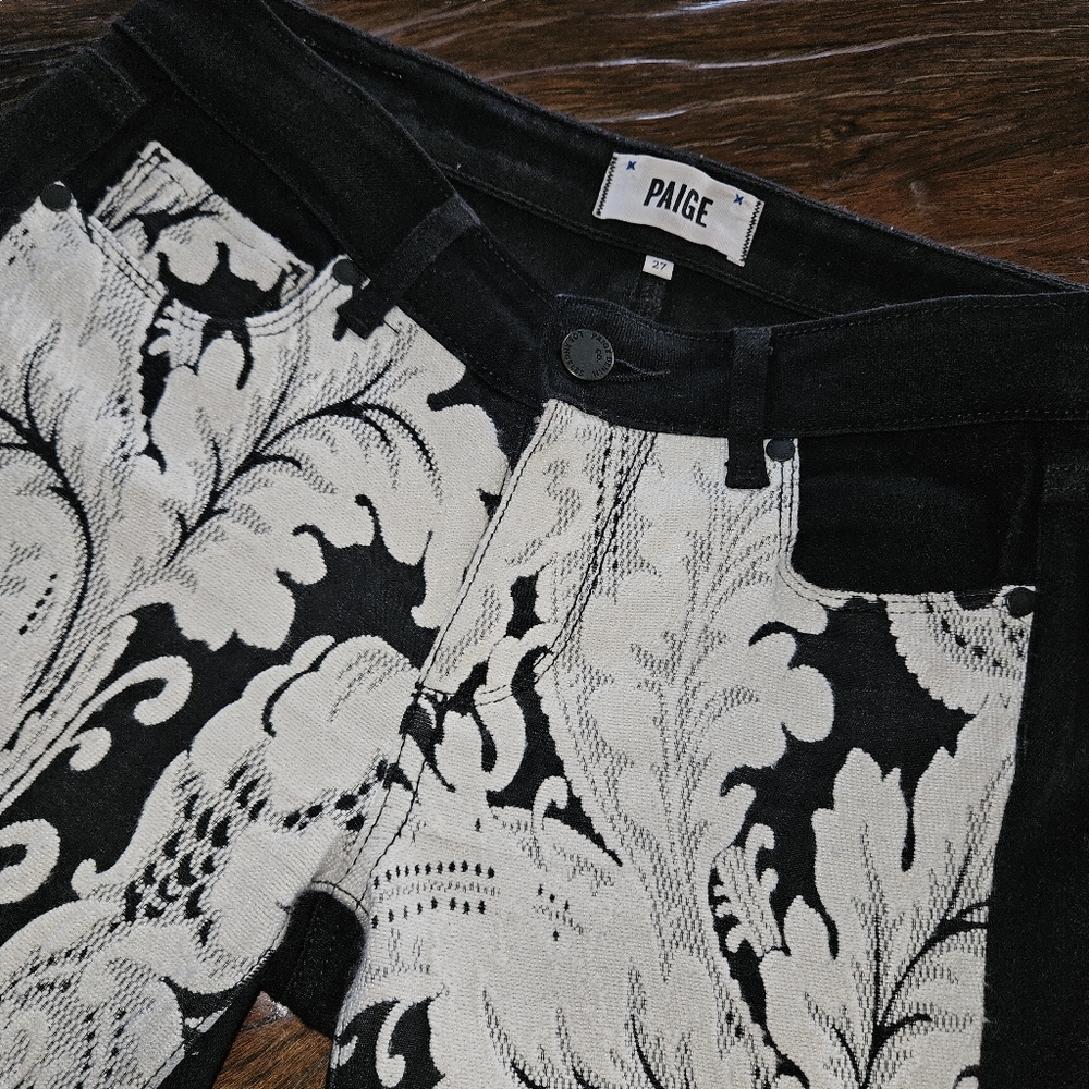 Paige Denim Emily Skinny Black Cream Applique Jeans Size 27